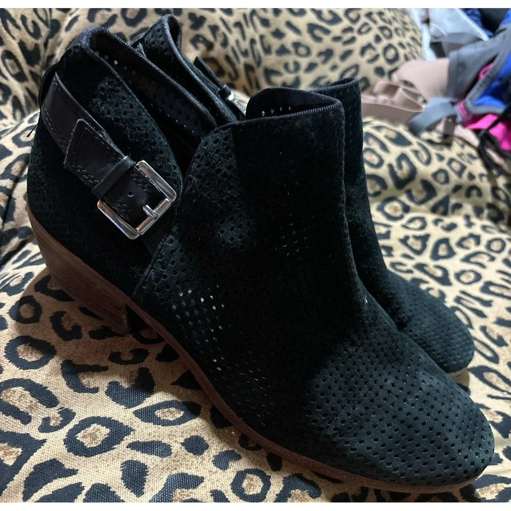 Sam‎ Edelman Paula Black Perforated Suede Low Heel Ankle Booties, 8.5